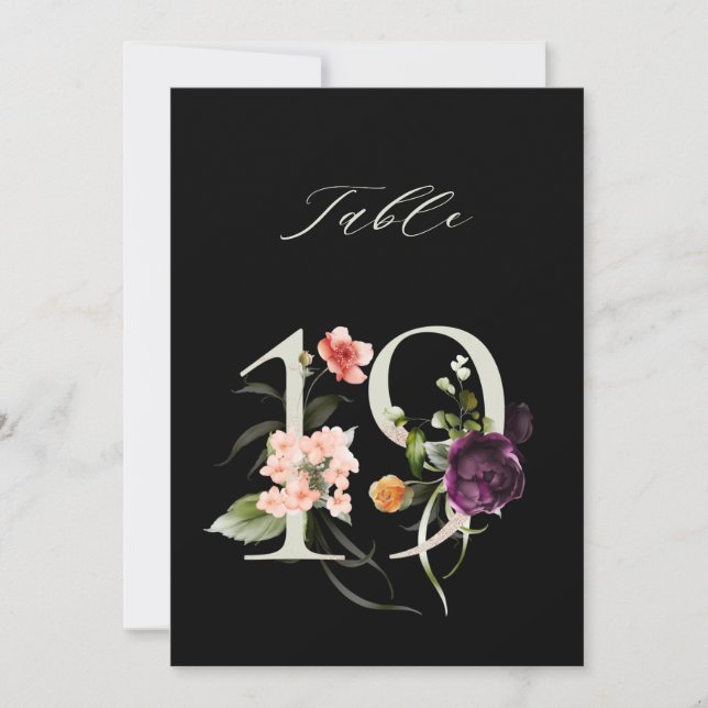 5x7 Botanische Florale Zahl 19, Schwarze Tischzahl Einladung (Vorderseite)