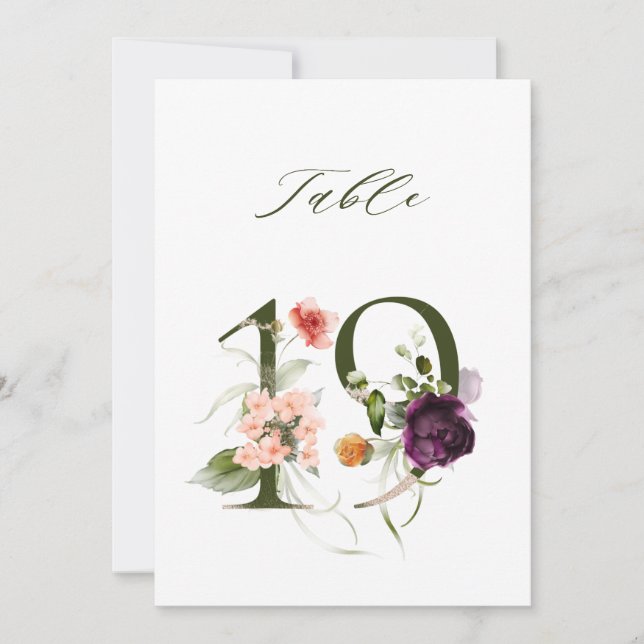 5x7 Botanische Florale Zahl 19, Tischkarte Einladung (Vorderseite)