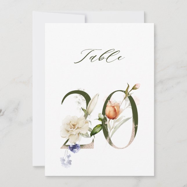 5x7 Botanische Florale Zahl 20, Tischkarte Einladung (Vorderseite)