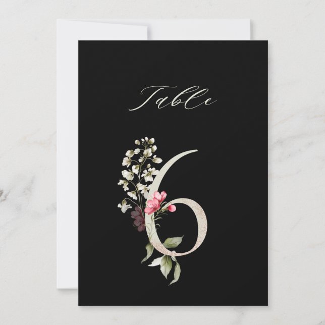 5x7 Botanische Florale Zahl 6, schwarze Tischnumme Einladung (Vorderseite)