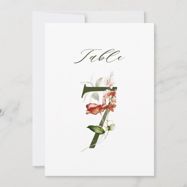 5x7 Botanische Florale Zahl 7, Tischkarte Einladung (Vorderseite)