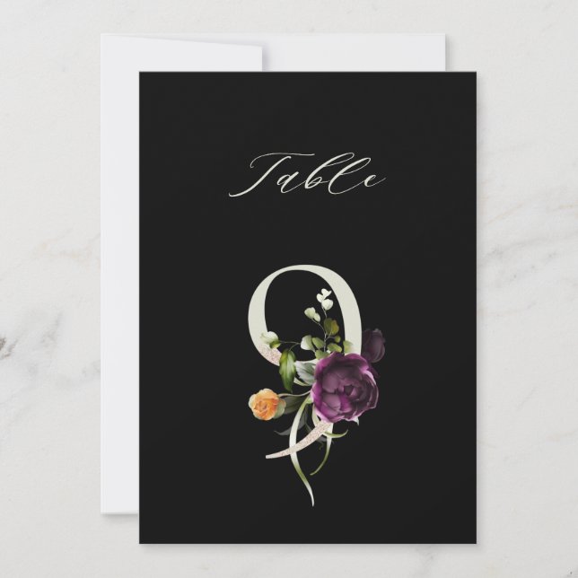 5x7 Botanische Florale Zahl 9, schwarze Tischnumme Einladung (Vorderseite)