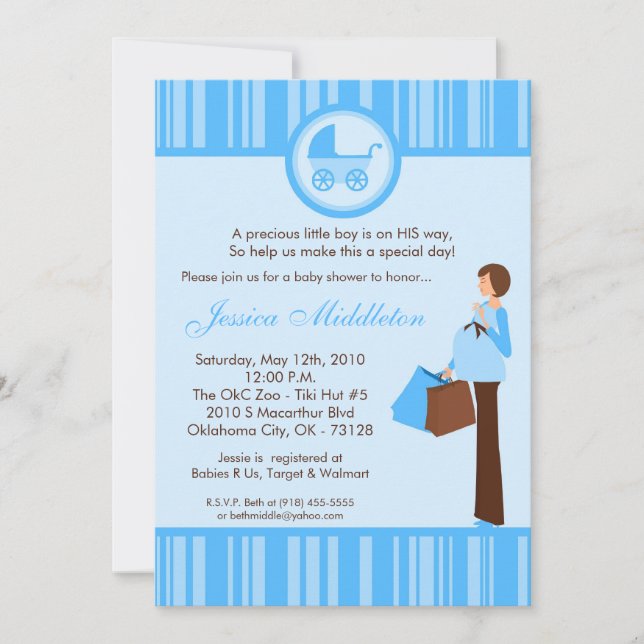 5x7 Boy Blue Mom Carriage Baby shower Invitation (Devant)
