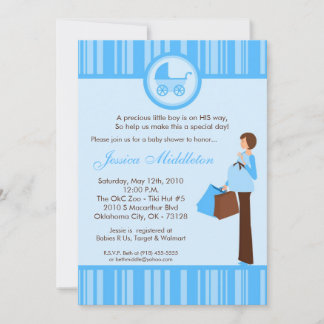 5x7 Boy Blue Mom Carriage Baby shower Invitation