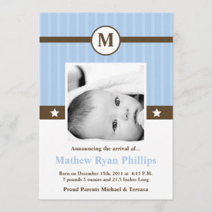 5x7 Boy Blue Monogram Faire-part de naissance PHOT