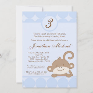 5x7 Boy Blue PolkaDot Monkey Invitation d'annivers