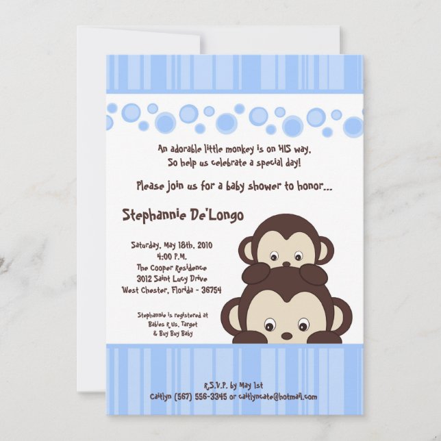 5x7 Boy Blue Pop Monkey Baby shower Invitation (Devant)