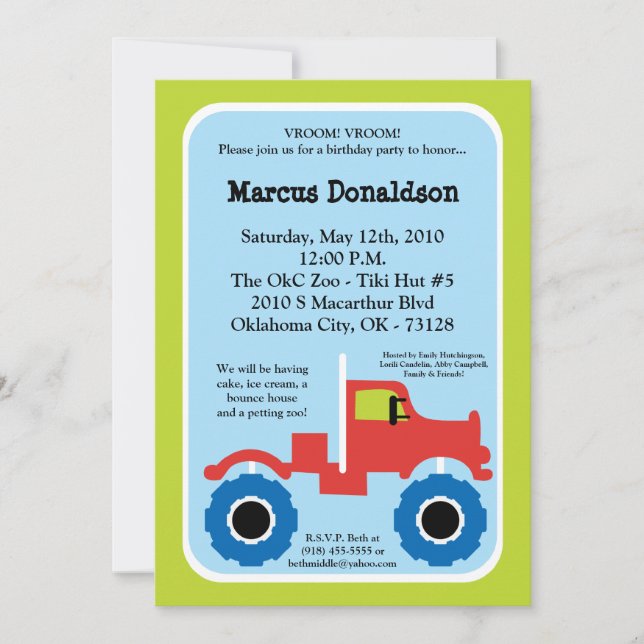 5x7 Boy Monster Truck Invitation de fête d'anniver (Devant)