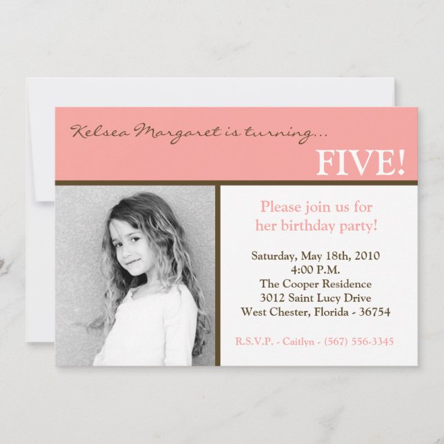 5x7 Carré rose Photo Invitation à la fête d'annive (Devant)