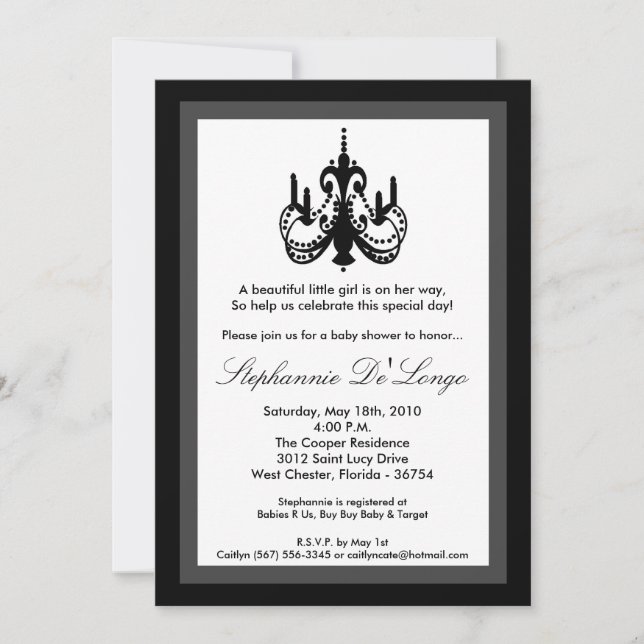 5x7 Chandelier Baby shower noir blanc Invitation (Devant)