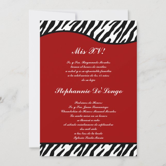 5x7 Crimson Red Zebra Quinceanera Invitation de la (Devant)