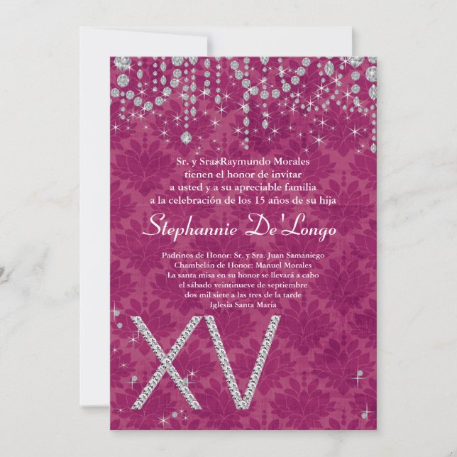 5x7 Diamant rose Quinceanera Invitation Anniversai (Devant)