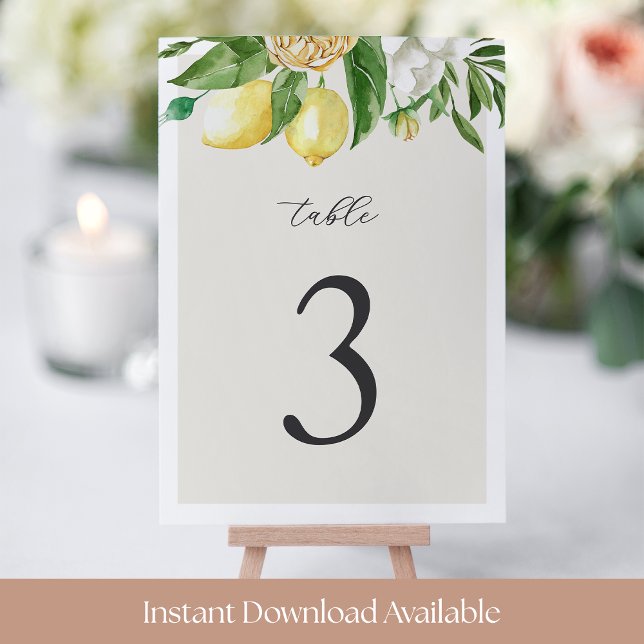 5x7" Élégant numéro de table florale de citron d'é (Créateur téléchargé)