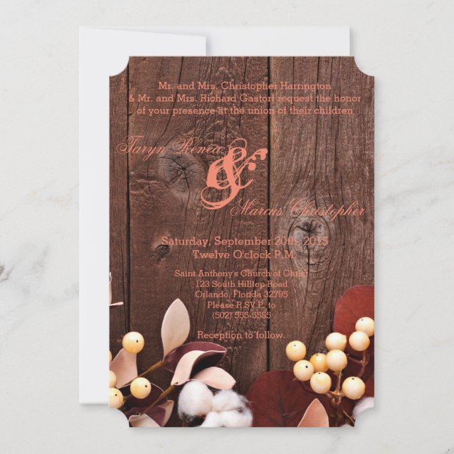 5x7 Faire-part de mariage en coton sur bois foncé (Devant)