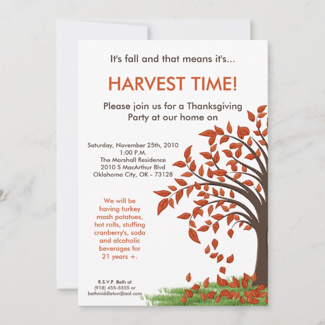 5x7 Fall Lève Tree Harve Thanksgiving Invitation (Devant)