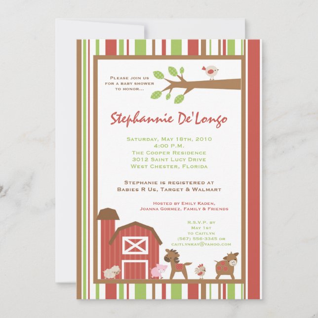 5x7 Farm RedBarn Invitation Baby shower animal de  (Devant)