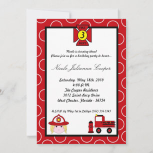 5x7 Firewoman Firetruck Invitation de fête d'anniv