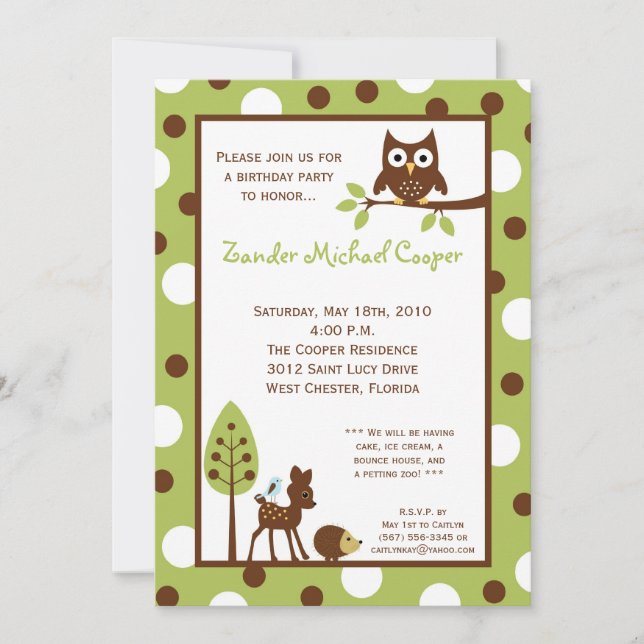 5x7 Forrest Bois Animaux d'anniversaire Invitation (Devant)