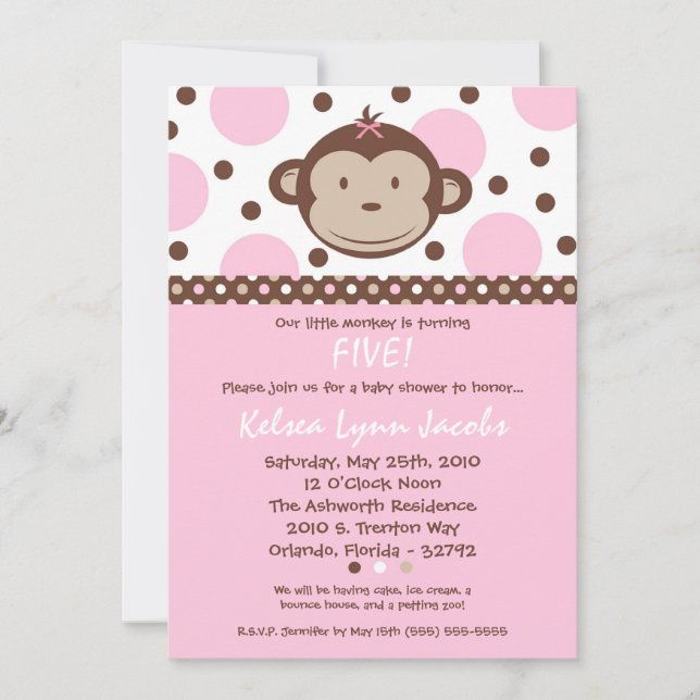 5x7 Girl Modern Mod Monkey Birthday Par Invitation (Devant)