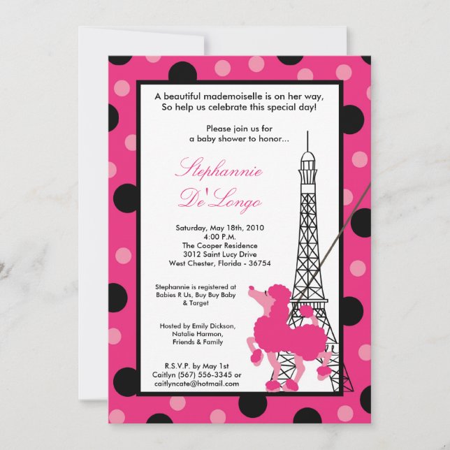 5x7 Girl Pink Poodle Paris Baby shower Invitation (Devant)