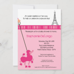 5x7 Girl Pink Poodle Paris Baby shower Invitation
