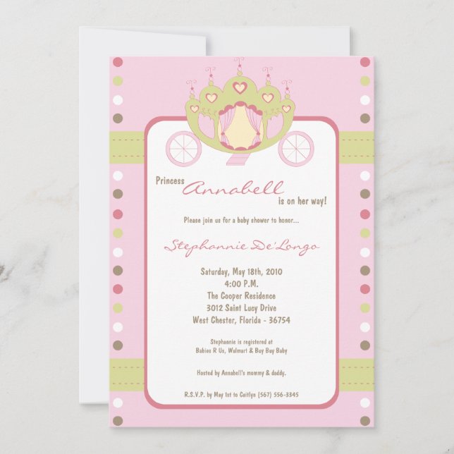 5x7 Girl Princess Carriage Invitation Baby shower (Devant)