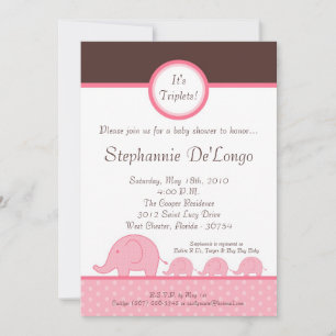 5x7 Girl Triplets Elephant Baby shower Invitation