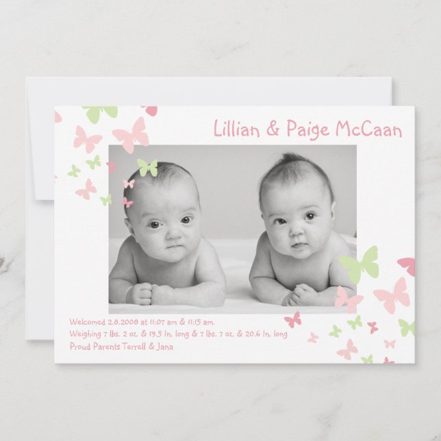 5x7 Girl Twins Butterfly Photo Faire-part de naiss (Devant)