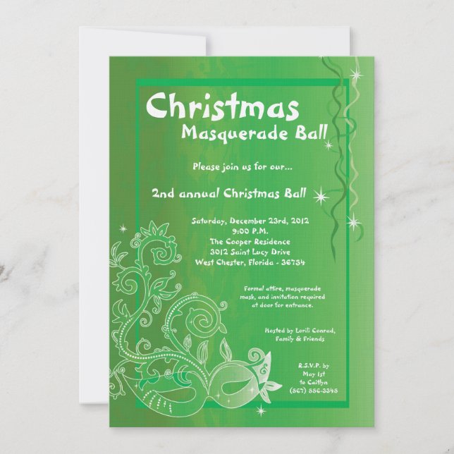 5x7 Green Masquerade Christmas Ball Invitation (Devant)