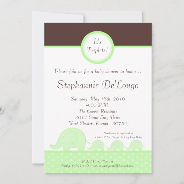 5x7 Green Triplets Elephant Baby shower Invitation (Devant)