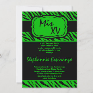 5x7 Green Zebra Imprimer Quinceanera 15 Invitation