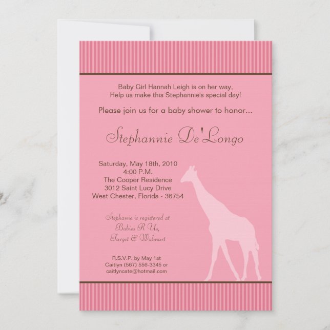5x7 Invitation Baby shower de girafe rayée rose (Devant)
