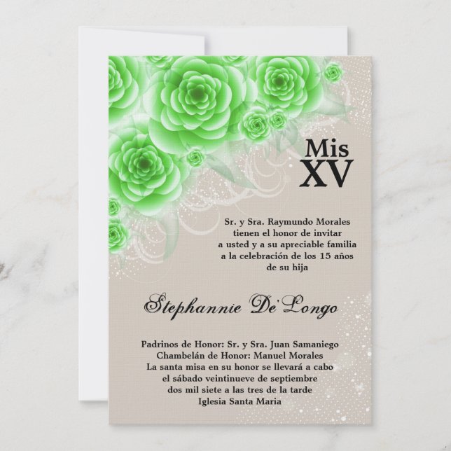 5x7 Invitation d'anniversaire des Roses verts Quin (Devant)