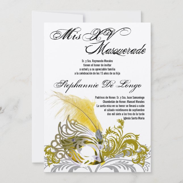5x7 Invitation d'anniversaire Masquerade Quinceane (Devant)