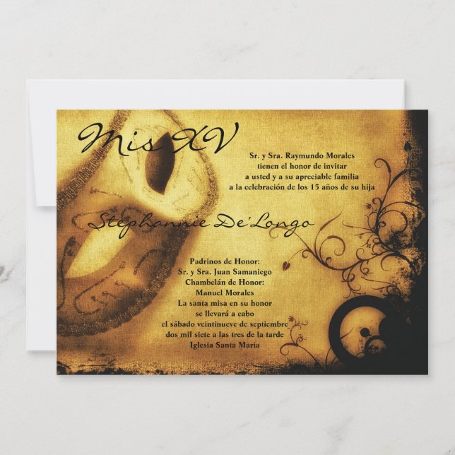 5x7 Invitation d'anniversaire Masquerade Quinceane (Devant)