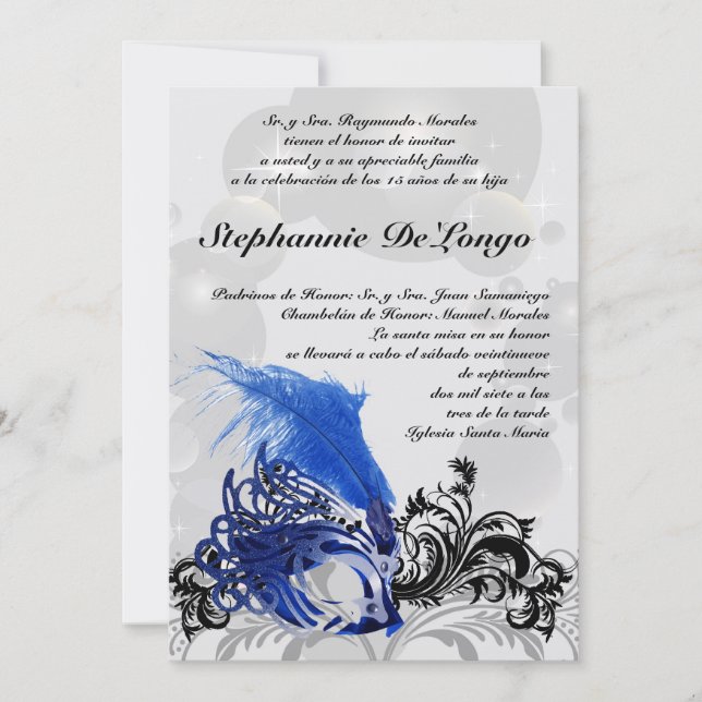 5x7 Invitation d'anniversaire Masquerade Quinceane (Devant)