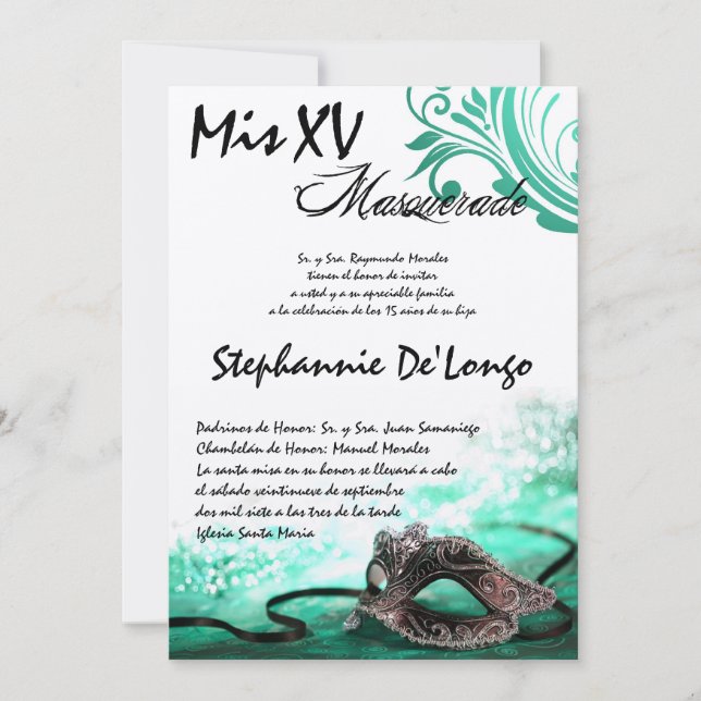 5x7 Invitation d'anniversaire Masquerade Quinceane (Devant)