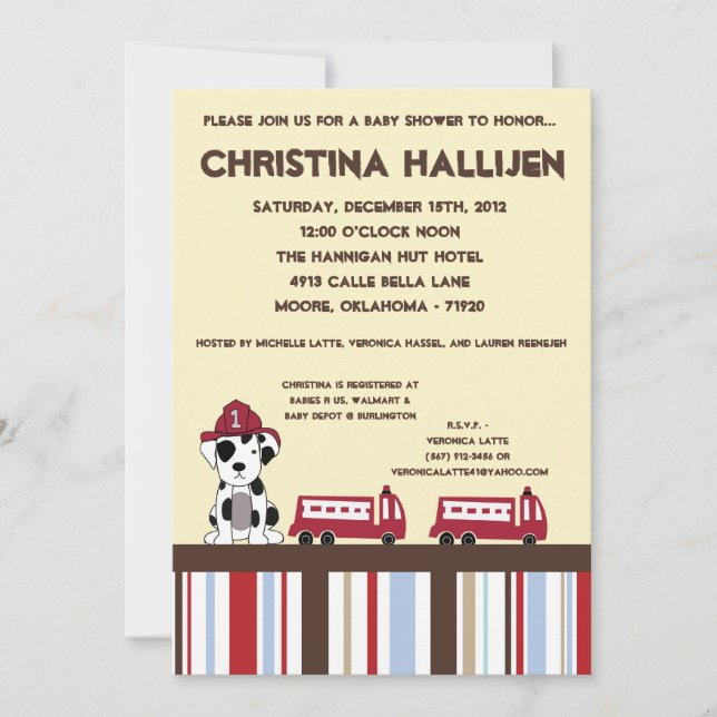 5x7 Invitation de Baby Shower Camion de pompiers N (Devant)