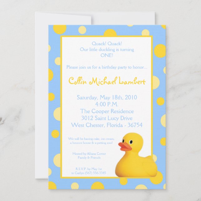 5x7 Jaune Blu Rubber Ducky Invitation Anniversaire (Devant)