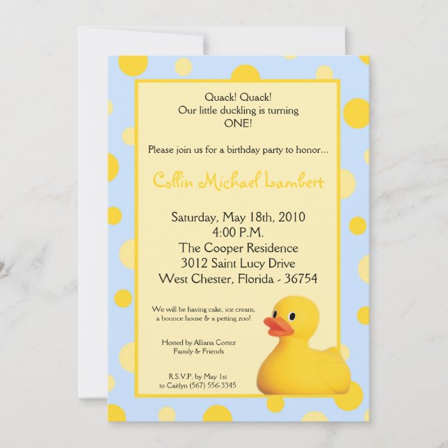 5x7 Jaune Blu Rubber Ducky Invitation Anniversaire (Devant)