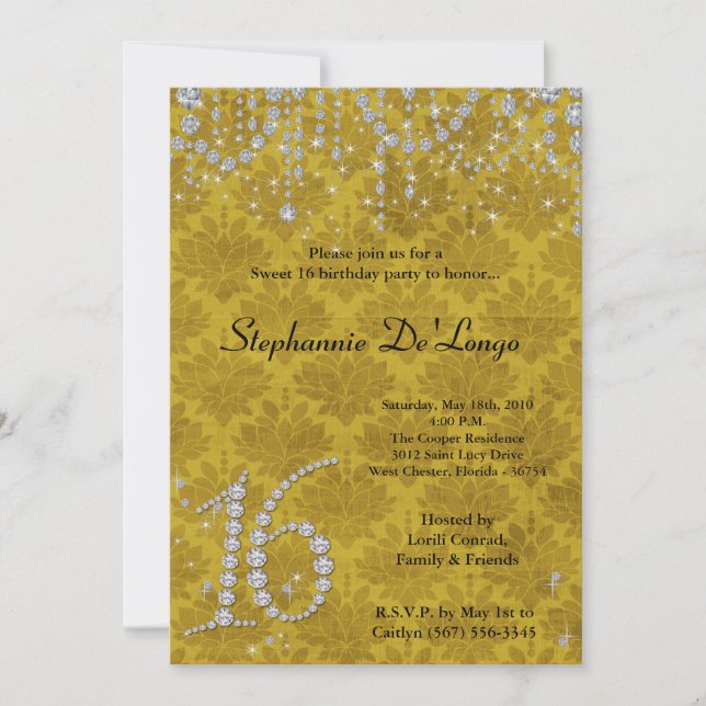 5x7 Jaune Diamond Sweet 16 Anniversaire Invitation (Devant)