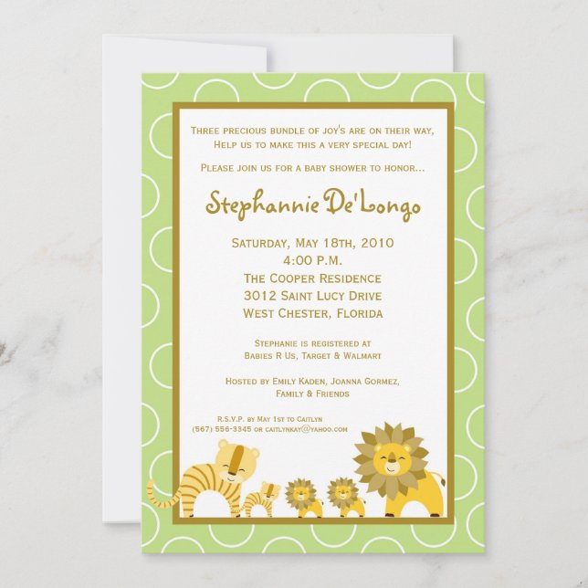 5x7 Jungle Boy Gir TRIPLETS Baby shower Invitation (Devant)