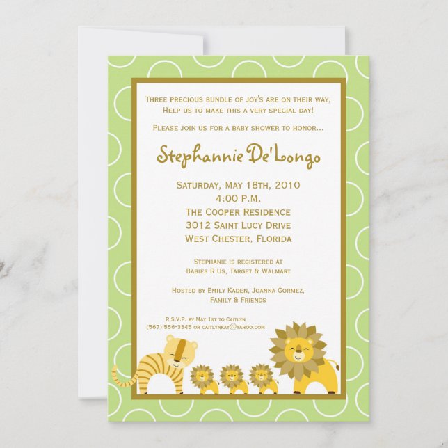 5x7 Jungle Boy TRIPLETS Baby shower Invitation (Devant)
