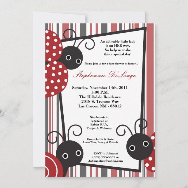 5x7 Lady Bug Spring Insect Invitation Baby shower (Devant)