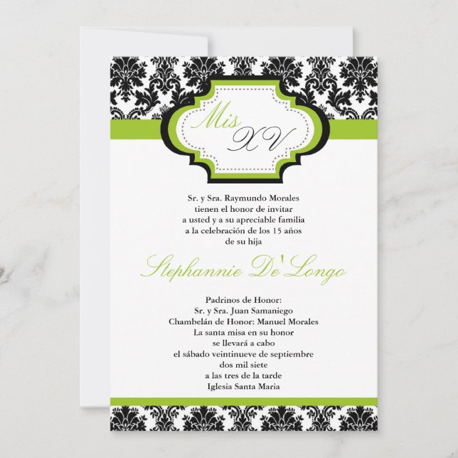 5x7 Lime Green Damask Quinceanera Invitation (Devant)