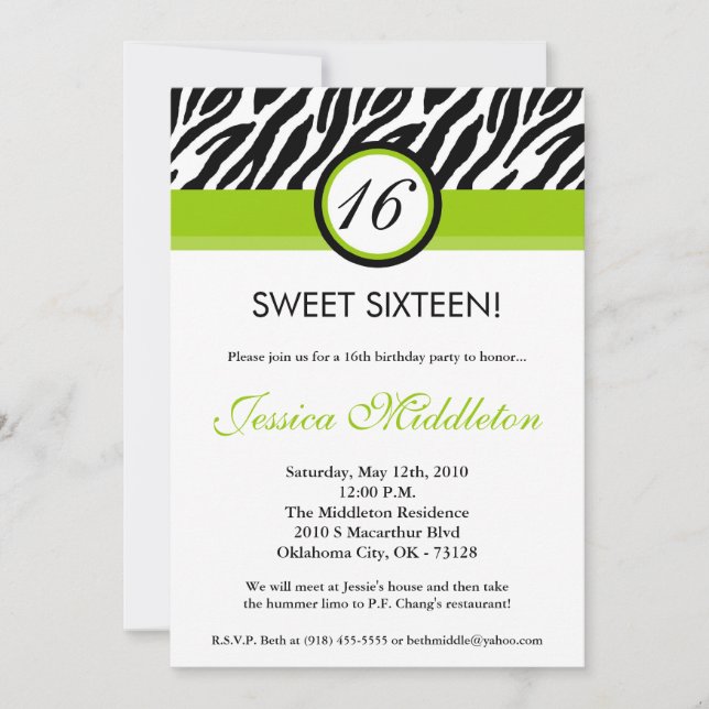5x7 Lime Green Zebra 16e anniversaire Invitation (Devant)