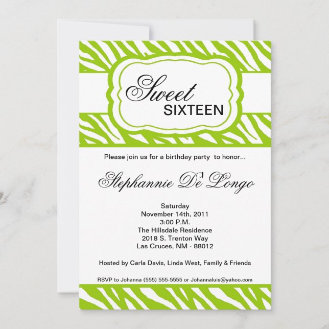 5x7 Lime Zebra Imprimer Invitation de fête d'anniv (Devant)