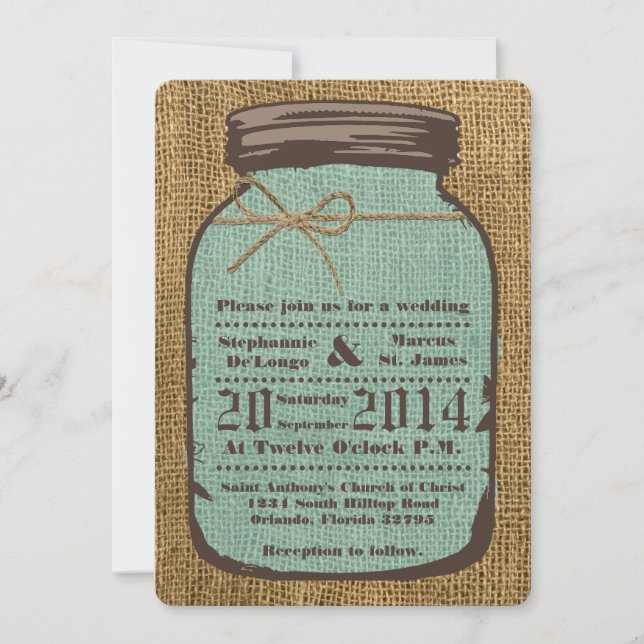 5x7 Mason Jar Burlap Mariage campagnard Invitation (Devant)