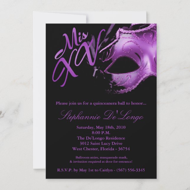 5x7 Masquerade Mask 15 Quinceanera Ball Invitation (Devant)