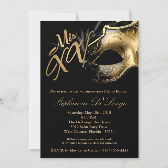 5x7 Masquerade Mask 15 Quinceanera Ball Invitation (Devant)